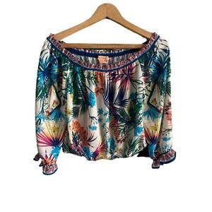 Flying Tomato Off-Shoulder Tropical Floral Blouse - White Multi